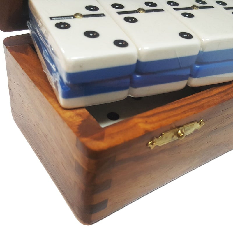 Marion Domino Double Six Two Tone Blue & White Jumbo Tournament Professional Size with Spinners in Dovetail Sheesham Wood Box. - Image 2